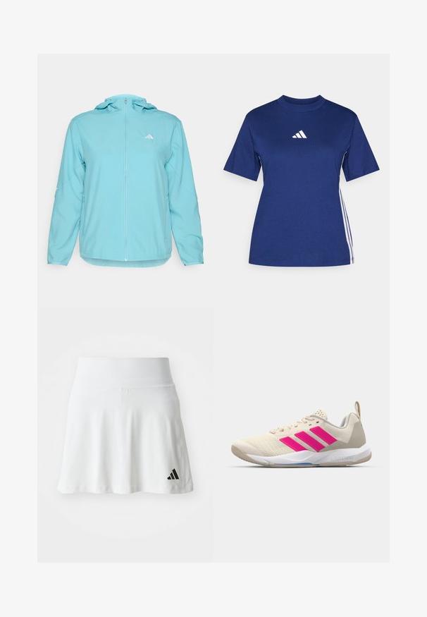 Casaco com capuz azul-claro, com fecho de correr frontal completo, apresentando um pequeno logótipo branco no lado esquerdo do peito e bolsos laterais com fecho de correr.; T-shirt azul-marinho de manga curta feito de algodão com um decote alto, apresentando um logótipo branco e riscas laterais brancas em contraste.; Saia atlética branca com uma textura suave, design evasê e um detalhe do logótipo preto da Adidas no canto inferior esquerdo. Cintura elástica e suave.; Sapata atlética bege com logotipo de três riscas cor-de-rosa, parte superior em malha texturizada, colarinho acolchoado e sola de borracha branca, apresentando a marca "LIGHTSTRIKE".