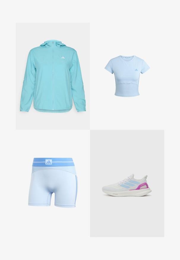 Svetlomodrá bunda s kapucňou a plným predným zipsom, ktorá má malé biele logo na ľavej hrudi a bočné vrecká so zipsom.; Svetlomodré skrátené športové tričko s krátkymi rukávmi, ribovanou dolnou časťou a diskrétnym logom na hrudi. Hladká textúra, priliehavý strih.; Svetlomodré športové šortky s priliehavým strihom. Majú rebrovaný pás a nenápadné bočné pruhy v tmavšej modrej farbe.; adidas Performance PUREBOOST 5 - Cestná bežecká obuv - white/glow blue/purple burst