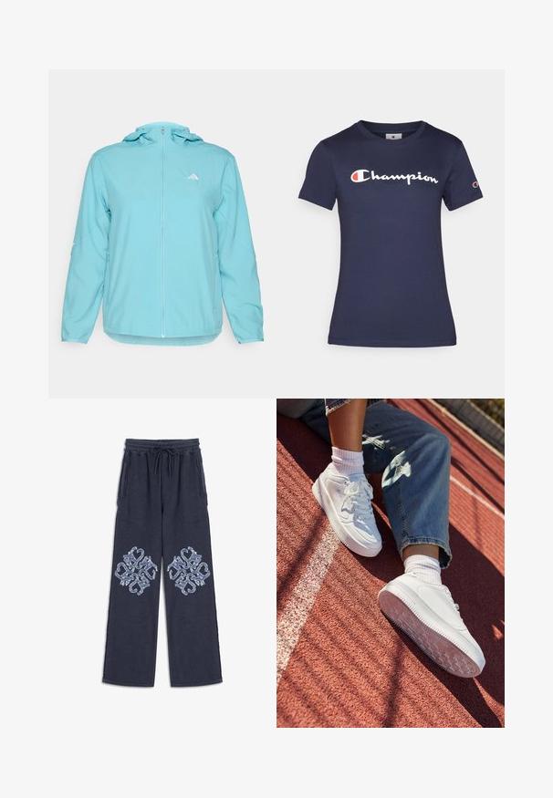Chaqueta con capucha de color azul claro, con cremallera frontal completa, que presenta un pequeño logotipo blanco en el lado izquierdo del pecho y bolsillos laterales con cremallera.; Camiseta de algodón azul marino con mangas cortas, que presenta un logotipo blanco de "Champion". Ajuste regular con cuello redondo y textura suave.; Pantalones deportivos azul marino con cintura ajustable, que presentan dos patrones bordados en azul claro en la parte delantera y en los bolsillos laterales.; Zapatillas de cuero blancas con puntera perforada, cordones planos y suela de goma. Llevadas con calcetines blancos y vaqueros azul claro, en una pista de atletismo roja.