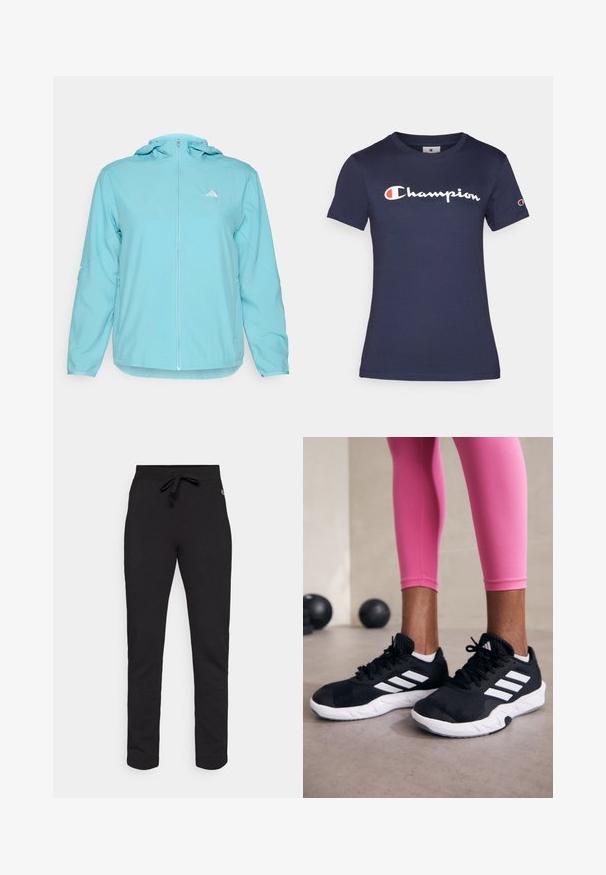 Világoskék kapucnis dzseki teljes elülső cipzárral, bal mellen egy kis fehér logóval és cipzáros oldalsó zsebekkel.; Sötétkék pamut póló rövid ujjakkal, fehér "Champion" logóval. Normál szabású, kerek nyakkivágással és puha tapintással.; Fekete, puha pamutból készült melegítőnadrág. Rugalmas derékpántja van, húzózsinórral, és szűkített bokarésze. Egyszerű, mintás design.; Fekete sportcipők fehér csíkokkal, texturált hálós felsőrésszel és fehér talppal. Rózsaszín leggings-szel viselve, bemutatva az edzőruhákat.