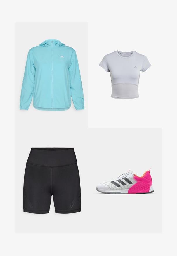 Ljusblå huva jacka med fullständig framdragkedja, med en liten vit logotyp på vänster bröst och dragkedjefickor på sidorna.; adidas Performance T-shirt till träning - halo silver grey; Svarta atletiska shorts gjorda av stretchigt, lätt tyg. Hög midjeresår, släta sömmar och subtila sidmönster för extra detalj.; Vit träningsskor med grå ränder, mesh-oversdel och rosa häl och detaljer. Har strukturerad häl och gummisula. Snören och vadderad krage.