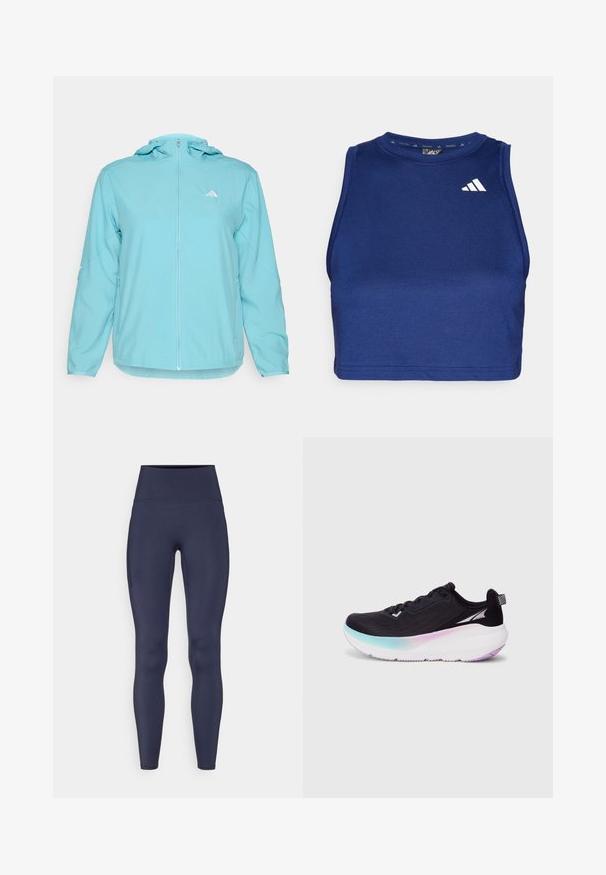 Lichtblauwe hoodie met een volledige rits aan de voorkant, voorzien van een klein wit logo op de linker borst en ritszakken aan de zijkanten.; Marineblauwe mouwloze trainingscrop top met een ronde hals. Van soepele stof en voorzien van een wit Adidas-logo op de linkerkant van de borst.; Marineblauwe legging gemaakt van rekbaar materiaal, met een hoge tailleband en een zijzak. Soepele textuur met een aansluitend ontwerp.; Zwarte hardloopschoen met een lichtgewicht mesh bovenwerk, een verloopzool die van lichtblauw naar paars overgaat, en reflecterende accenten.