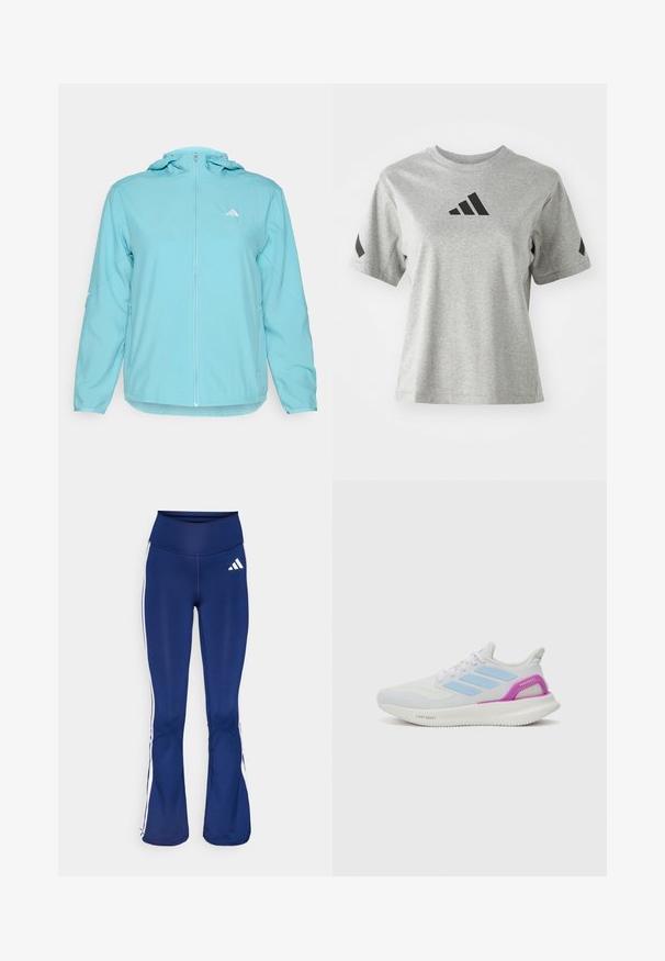 Jachetă cu glugă de culoare albastru deschis, cu un fermoar pe întreaga față, având un mic logo alb pe pieptul stâng și buzunare laterale cu fermoar.; Tricou gri cu guler rotund, realizat dintr-un material moale, având un logo Adidas negru pe piept și accente negre pe mâneci.; Leggings bleumarin evazate, confecționate dintr-un material elastic, cu dungi albe pe laterale și un logo Adidas pe șoldul stâng. Textură netedă, talie înaltă.; adidas Performance PUREBOOST 5 - Pantofi de alergare pe asfalt - white/glow blue/purple burst