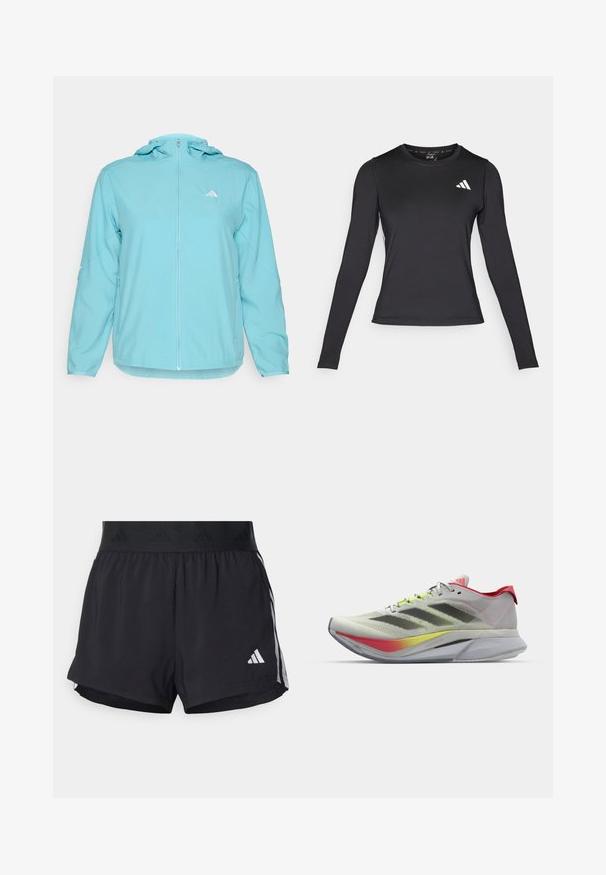 Svetlomodrá bunda s kapucňou a plným predným zipsom, ktorá má malé biele logo na ľavej hrudi a bočné vrecká so zipsom.; Čierne športové tričko s dlhým rukávom vyrobené z hladkého, elastického materiálu. Na hrudi sa nachádza biele logo. Filtrovaný dizajn s okrúhlym výstrihom.; Čierne športové šortky s elastickým pásom, ktorý má textúrovanú pruh, bočné pruhy a biely logo Adidas na dolnom leme.; Ľahké bežecké topánky v svetlo šedej farbe s červeným akcentom; majú priedušný sieťovinový zvršok, čierne pruhy a farebnú gradientovú podrážku.