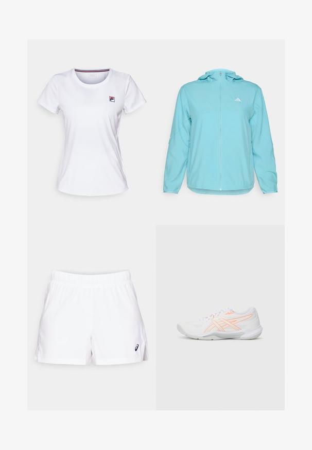 Jasnoniebieska kurtka z kapturem z pełnym zapięciem na zamek z przodu, z małym białym logo po lewej stronie klatki piersiowej oraz kieszeniami bocznymi na zamek.; Biała koszulka z krótkim rękawem wykonana z lekkiego materiału. Posiada okrągły dekolt i małe kolorowe logo na lewej piersi. Prosty design.; Białe sportowe szorty z elastycznym pasem, bocznymi szwami i małym czarnym logo w dolnym prawym rogu. Wykonane z lekkiego materiału.; Białe buty sportowe z pomarańczowymi akcentami, górna część z siateczki tekstylnej, wyściełany kołnierz oraz gumowa podeszwa. Smukły kształt z oddychającym designem.