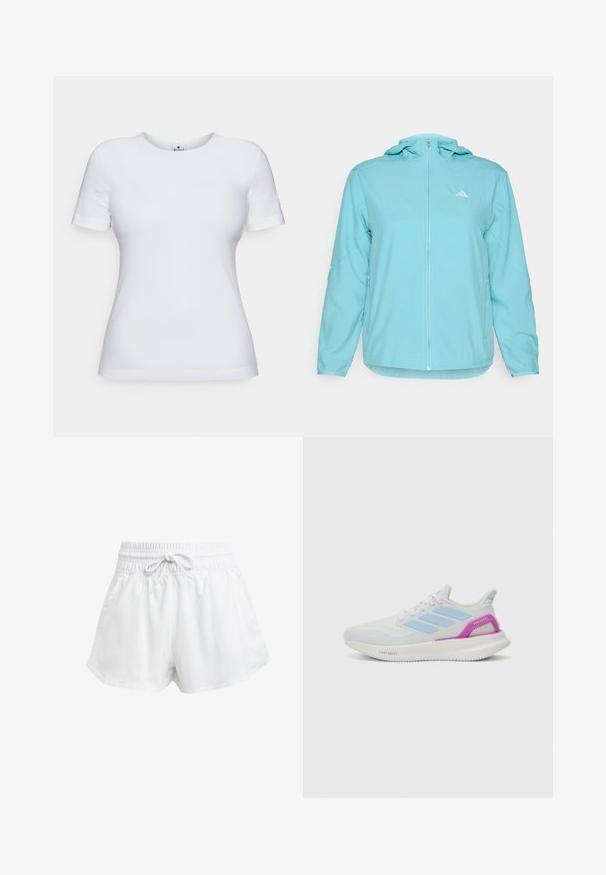 Hellblaues Hoodie mit durchgehendem Reißverschluss, ausgestattet mit einem kleinen weißen Logo auf der linken Brust und seitlichen Reißverschlusstaschen.; Weißes Kurzarm-T-Shirt aus Baumwolle, mit einem runden Halsausschnitt und schmaler Passform. Keine Muster oder Akzente sichtbar.; Weiße Sportschorts mit elastischem Bund und einstellbarem Kordelzug. Hergestellt aus leichtem Material, mit seitlichen Taschen und lockerer Passform.; adidas Performance PUREBOOST 5 - Laufschuh Straße - white/glow blue/purple burst