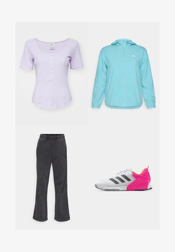 Světle modrá bundu s kapucí a plným předním zipem, na levé části hrudi má malé bílé logo a boční kapsy na zip.; Levandulový top s krátkým rukávem a kulatým výstřihem, který má knoflíkovou légu po celé přední části a přiléhavý žebrovaný vzhled.; Zúžené tepláky ve tmavě šedé látce s měkkou texturou. Obsahují elastický pas a vyšívané logo na boku.; Bílé sportovní boty s šedými pruhy, síťovaným svrškem a růžovou patou a akcenty. Obsahuje texturovanou patu a gumovou podrážku. Tkaničky a polstrovaný límec.