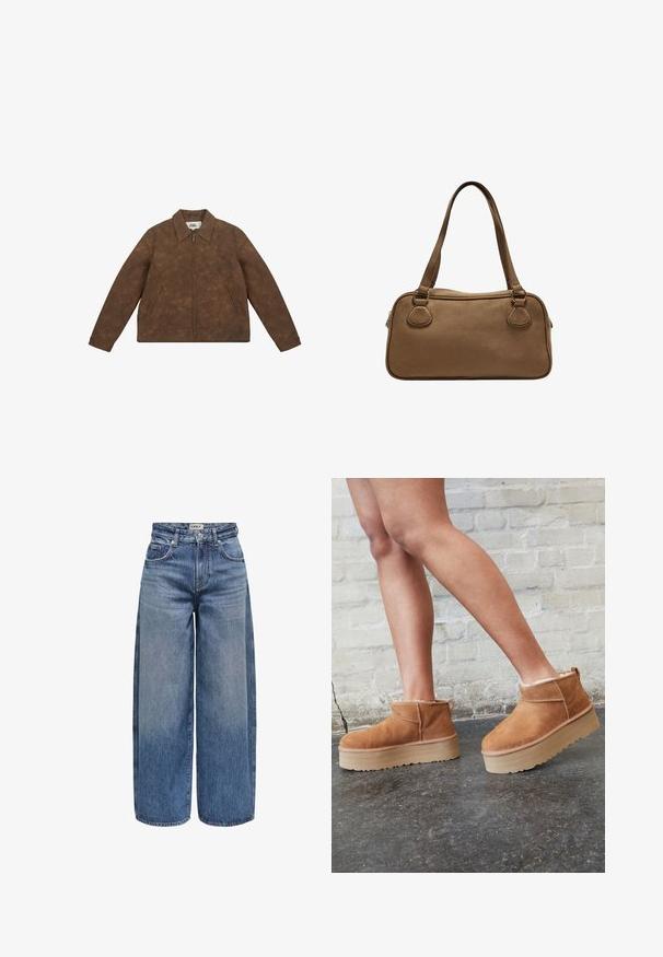 Giacca in finta pelle marrone con zip frontale, collo ampio e due tasche laterali. Presenta una sottile texture marmorizzata e polsini aderenti.; Maglietta bianca a maniche lunghe con scollatura rotonda. Presenta un design aderente, una texture di tessuto liscia e un orlo leggermente accorciato.; Jeans in denim a gamba larga di blu medio, con vita alta, cuciture a vista, cinque tasche e chiusura con bottone frontale.; Stivali alla caviglia in suede marrone con una fodera morbida, suola platform spessa beige e un'asola posteriore. Superficie testurizzata con dettagli di cucitura ben visibili.; Borsa a tracolla in suede marrone con due manici superiori, chiusura con zip e forma arrotondata. Presenta cuciture color beige e dettagli metallici vicino ai manici.