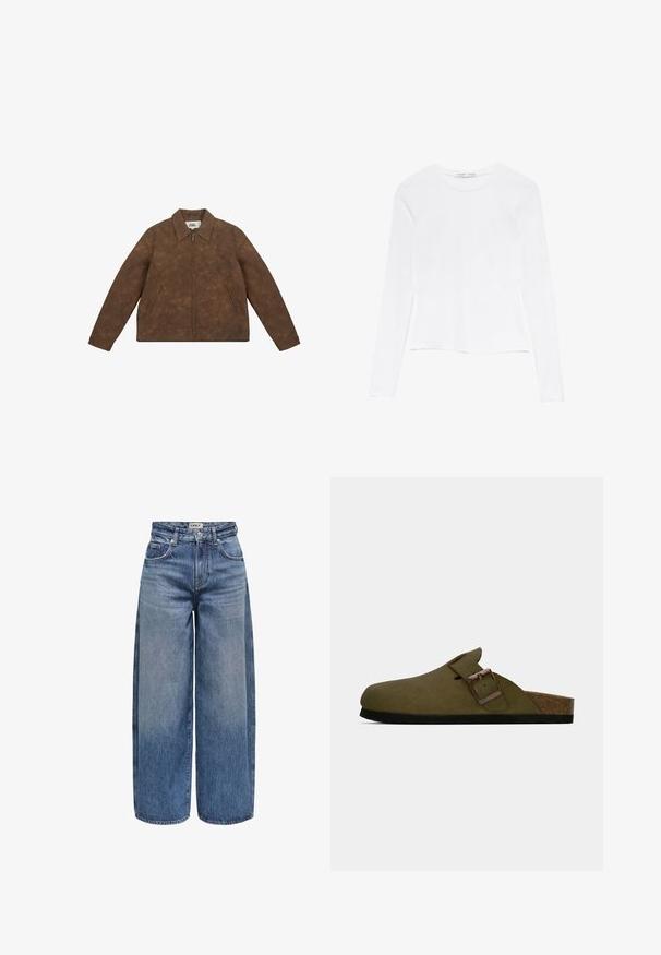 Jachetă din piele ecologică maro cu fermoar frontal, guler mare și două buzunare laterale. Prezintă o textură discretă și manșete ajustate.; Top alb cu mâneci lungi și guler rotund. Are un design ajustat, textură de material neted și un tiv ușor scurt.; Jeanși denim cu picioare largi, într-o nuanță medie de albastru, cu talie înaltă, cusături vizibile, cinci buzunare și închidere cu nasture în față.; Sabo cu slip-on de culoare verde măsliniu, prevăzut cu o curea lată ajustabilă și o cataramă din bronz, căptușit cu plută și cu talpă din cauciuc negru.