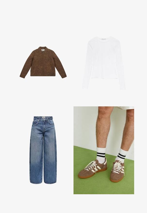 Braune Kunstlederjacke mit einem Reißverschluss vorne, großem Kragen und zwei seitlichen Taschen. Sie hat eine subtile marmorierte Textur und eng anliegende Bündchen.; Weißes Langarmoberteil mit Rundhalsausschnitt. Hat ein enganliegendes Design, eine glatte Stoffoberfläche und einen leicht gekürzten Saum.; Weite Jeans aus Denim in Mittelblau mit hoher Taille, sichtbaren Nähten, fünf Taschen und einem Knopfverschluss vorne.; Braune Wildleder-Sneaker mit weißen Akzenten und Schnürsenkeln. Gummisohle in Kautschuk-Optik. Getragen mit weißen Socken, die schwarze Streifen haben. Grüner strukturierter Fußboden.