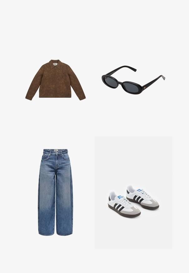 Brun faux læderjakke med lynlås foran, stort krave og to sidelommer. Har en diskret marmoreret tekstur og tætsiddende manchetter.; Hvid langærmet top med rund halsudskæring. Har et fitted design, glat stofstruktur og en let cropped nederste kant.; Bredde denimjeans i mellemblå, med høj talje, synlige sømme, fem lommer og en knaplukning foran.; Sportsko med en overdel i hvid læder, grå ruskind på tåen og tre sorte striber. Har et blåt logo på tungen og en struktureret gummisål.; Store store