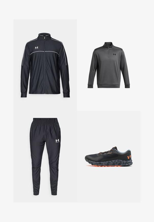 Giacca sportiva nera realizzata in tessuto liscio, con colletto alto, zip completa e piping bianco lungo le spalle e il petto.; Felpa grigia con colletto a zip a un quarto, realizzata in tessuto textures, con logo nero sul lato sinistro del petto e polsini lisci.; Under Armour PRO PANT - Pantaloni sportivi - black/white; Scarpa sportiva nera con una tomaia texture, dettagli grigi, accenti arancioni, suola con motivo mimetico e sistema di allacciatura per una vestibilità sicura.