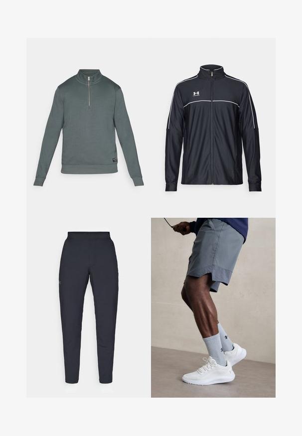 Melnā sporta jaka, izgatavota no gludas auduma, ar augstu apkakli, pilnu rāvējslēdzēju un baltu apdari gar pleciem un krūtīm.; Tumši zaļš džemperis ar augstu apkakli un ceturtdaļas rāvējslēdzēju. Iekļauj ribotas piedurknes un apakšmalu; gluda auduma virsma ar minimāliem zīmola elementiem.; Melnas sporta bikses ar gludu tekstūru, šauru piegriezumu, elastīgu jostu un sānu kabatām. Uz kreisā augšstilba ir mazs logs.; Baltas sporta apavu pāris ar strukturētu acs virsu, apvienots ar gaiši zilo riboto zeķu pāri, kurā ir zīmols. Pelēki sporta šorti ar perforētu apdari.