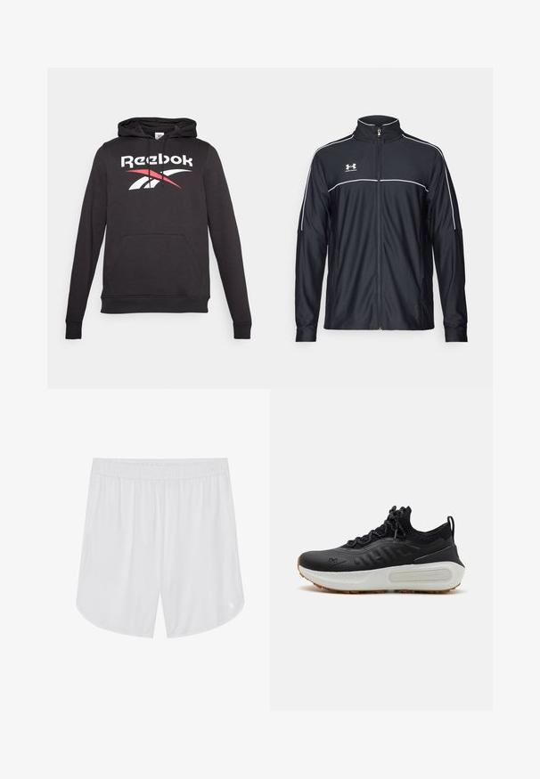 Fekete sportdzseki sima szövetből, magas nyakkal, teljes cipzárral és fehér díszítéssel a vállakon és a mellkason.; Fekete kapucnis pulóver pamut keverékből, elülső kenguruzsebbel, zsinóros kapucnival és egy nagy fehér-piros Reebok logóval a mellkason.; Pier One Sport LONGER FIT QUICK-DRYING SPORTS SHORTS - Sport rövidnadrágok - white; Fekete sportcipő, texturált felsőrésszel, zokniszerű felsőszállal, szürke fűzőkkel, fehér középtalppal, amely mintás dizájnnal és gumitalppal rendelkezik.