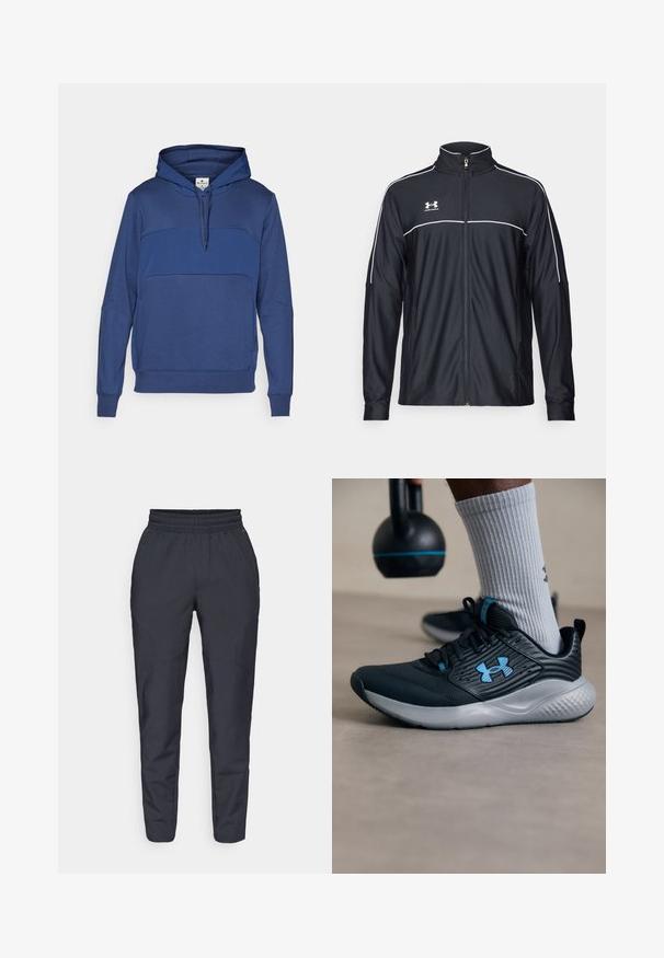 Schwarze Sportjacke aus glattem Material, mit hohem Kragen, durchgehendem Reißverschluss und weißen Paspeln entlang der Schultern und der Brust.; Marineblauer Pullover-Hoodie aus weichem Stoff, mit einem kontrastierenden blauen Panel über der Brust, Kordelzugkapuze und gerippten Bündchen.; Marinefarbene, schmal zulaufende Hosen aus weichem Stoff mit einem elastischen Bund, seitlichen Taschen und einer glatten Textur mit dezenten Nähdetails.; Schwarzer Sportschuh mit blauen Akzenten, strukturiertem Obermaterial und grauer Sohle. Getragen mit grauen gerippten Socken, neben einer schwarzen Kettlebell.