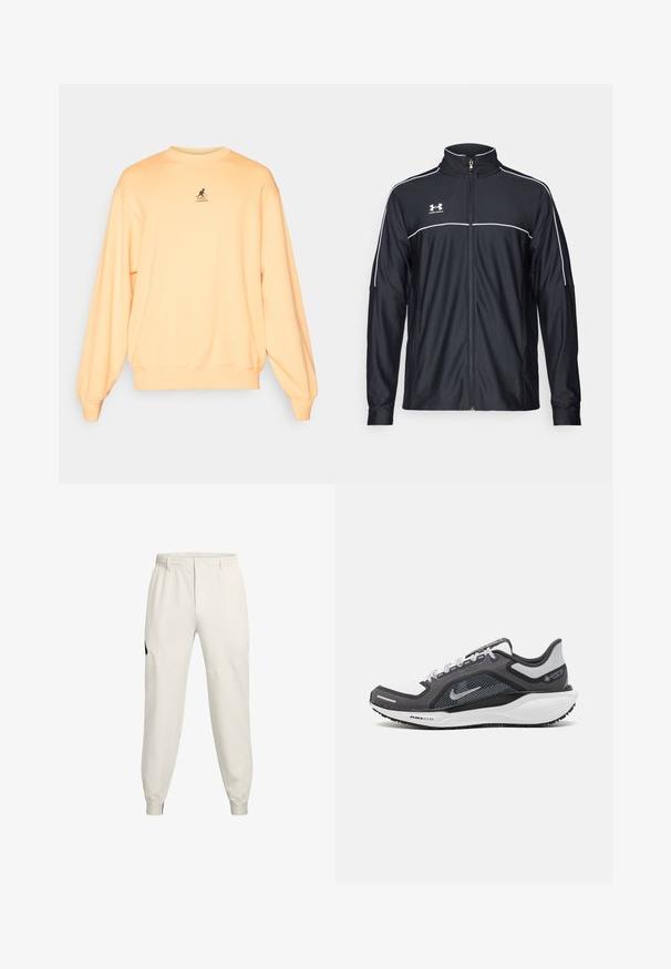 Črna športna jakna iz gladkega blaga, z visokim ovratnikom, polnim zadrgo in belim obrobljanjem ob ramenih in prsih.; Svetilka svetlo oranžne barve, mešanica bombaža, okrogli izrez, rebrasti rokavi in rob, z majhnim črnim logotipom na prsih, sproščen kroj, mehak material.; Lahki bež jogger hlače z elastičnim pasom, stranskimi žepi in rebrastimi manšetami; imajo črn logotip na levi boki.; Črne in sive atletske čevlje z mrežasto zgornjim delom, odsevnimi detajli in belim srednjim podplatom. Imajo strukturiran gumijast podplat in vezalke.