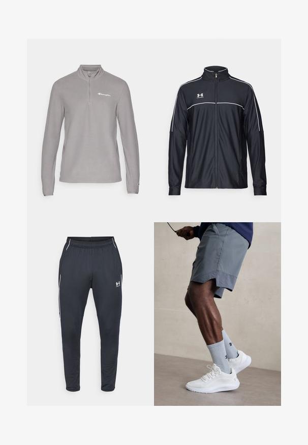 Juodas sportinis džemperis, pagamintas iš lygaus audinio, turintis aukštą apykaklę, pilną užtrauktuką ir baltą apvadą palei pečius ir krūtinę.; Šviesiai pilkas pusiau užtraukiamas megztinis, pagamintas iš lygios medžiagos. Turi ilgus rankovės ir mažą siuvinėtą logotipą ant krūtinės.; Juodos sportinės kelnės, pagamintos iš lygaus audinio, su elastingu juosmeniu, susiaurėjusiomis kojomis ir baltomis šoninėmis juostelėmis. Įskaičiuota Under Armour logotipas.; Balti sportiniai bateliai su tekstūruotu tinkleliu viršuje, derinami su šviesiai mėlynomis ribotomis kojinėmis su logotipu. Pilki sportiniai šortai su perforuota apdaila.