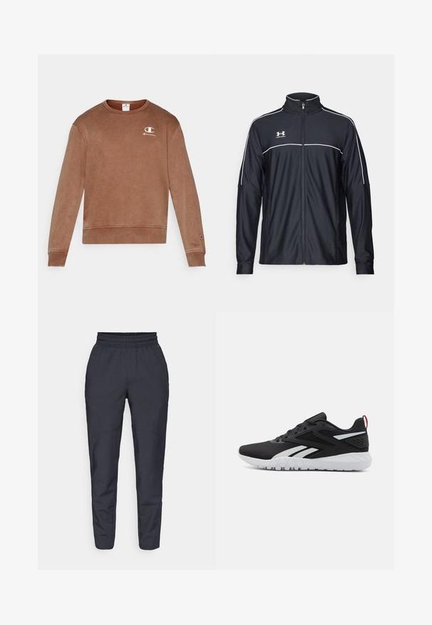 Mustmust rõivakate, mis on valmistatud siledast kangast, kõrge kraega, täispika tõmblukuga ja valgete ääristega õlgadel ja rinnaosas.; Pruun puuvillane crewneck-sweatshirt ribatud mansettide ja hemiga, millel on vasakul rinnal väike valge Championi logo. Pehme tekstuur.; Tumed kergelt kitsenevad püksid, mis on valmistatud pehmest kangast. Neil on elastne vöökoht, küljetaskud ja sile tekstuur, millel on peened õmblusteenused.; Mustad mustat spordijalatsid, millel on sissetõmmatav pealis, valged detailid, tekstureeritud talla ja punane kandmisosa lisadetailideks.