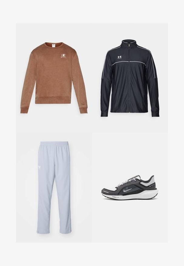 Sort atletisk jakke lavet af glat stof, med høj krave, fuld lynlås og hvide piping langs skuldrene og brystet.; Brun bomulds crewneck sweatshirt med ribbede manchetter og kant, der har et lille hvidt Champion-logo på venstre bryst. Blød tekstur.; Lyseblå sportsbukser med elastisk talje, sidelommer og lynlåse ved anklerne. Har et hvidt logo på venstre lår.; Sort og grå atletisk sko med en mesh-overdel, reflekterende detaljer og en hvid mellemsål. Har en tekstureret gummisål og snørebånd.