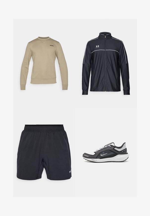 Μαύρο αθλητικό μπουφάν από λείο ύφασμα, με ψηλό γιακά, πλήρη φερμουάρ και λευκό ρέλι στους ώμους και στο στήθος.; Μπεζ φούτερ με μακριά μανίκια, ριμπ μανσέτες και τελείωμα. Διαθέτει μια διακριτική στρογγυλή λαιμόκοψη και το λογότυπο "BORG" σε μαύρο χρώμα στο στήθος.; Μαύρα σορτς με ελαστική μέση, κατασκευασμένα από μαλακό, ελαφρύ ύφασμα, που διαθέτουν ένα μικρό λογότυπο στο κάτω δεξί μέρος.; Μαύρο και γκρι αθλητικό παπούτσι με επάνω μέρος από διχτυωτό υλικό, ανακλαστικές λεπτομέρειες και λευκή μεσαία σόλα. Διαθέτει υφή από καουτσούκ στην εξωτερική σόλα και κορδόνια.