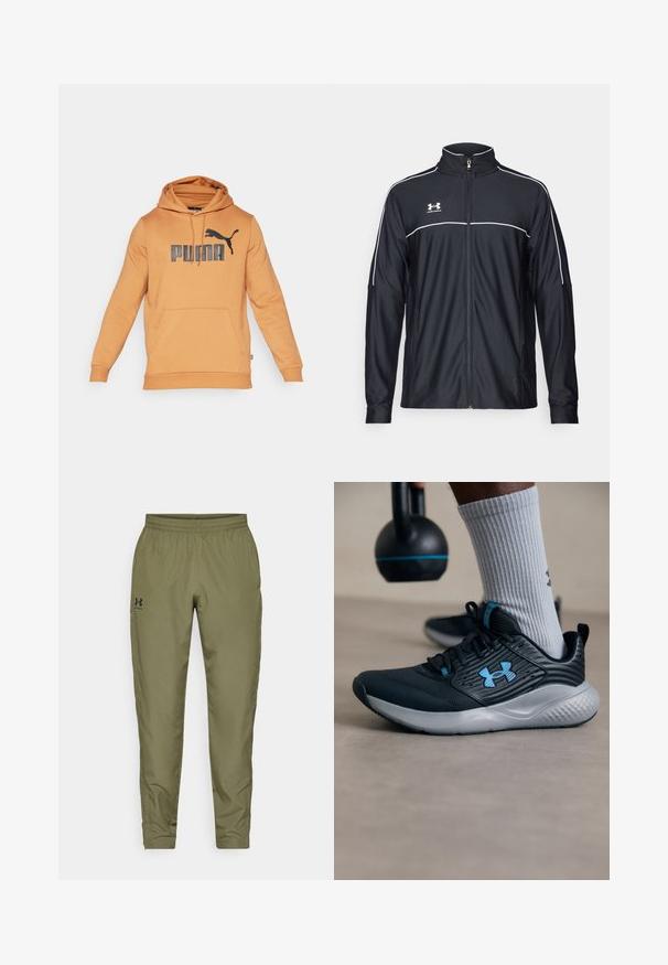 Giacca sportiva nera realizzata in tessuto liscio, con colletto alto, zip completa e piping bianco lungo le spalle e il petto.; Puma BIG LOGO - Felpa - caramel latte; Pantaloni atletici verde oliva con vita elasticizzata, gambe affusolate, una texture liscia e un piccolo logo nero sul lato sinistro.; Scarpone sportivo nero con accenti blu, tomaia testurizzata e suola grigia. Indossato con calzini grigi a costine, accanto a un kettlebell nero.