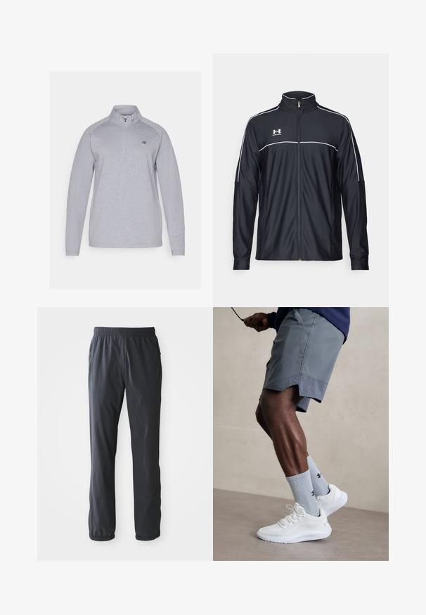 Chaqueta deportiva negra de tejido suave, con un alto cuello, cremallera completa y ribetes blancos en los hombros y el pecho.; Sudadera de color gris claro con cuello de media cremallera, mangas largas y un logo sutil. Fabricada con una tela suave y texturizada.; Pantalones ligeros oscuros grises para hombre con cintura elástica y puños en los tobillos, bolsillos frontales con cremalleras, extendidos sobre un fondo blanco.; Zapatillas deportivas blancas con parte superior de malla texturizada, combinadas con calcetas de canalé azul claro que cuentan con un logo. Pantalones cortos deportivos grises con borde perforado.
