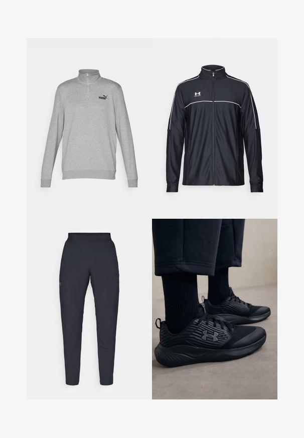 Giacca sportiva nera realizzata in tessuto liscio, con colletto alto, zip completa e piping bianco lungo le spalle e il petto.; Felpa grigia con colletto a mezza zip, maniche lunghe e polsini a coste. Presenta un piccolo logo Puma nero sul petto sinistro. Texture morbida.; Pantaloni sportivi neri con una texture liscia, vestibilità slim, vita elastica e tasche laterali. Presentano un piccolo logo sulla coscia sinistra.; Persona che indossa sneakers sportive nere con lati testurizzati e logo, abbinate a calze nere e pantaloni corti su un pavimento chiaro.