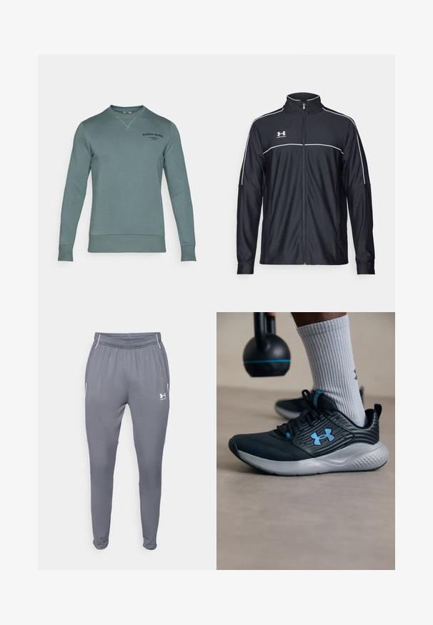 Musta urheilu takki, joka on valmistettu sileästä kankaasta. Takissa on korkea kaulus, täyspitkä vetoketju ja valkoiset tehosteet olkapäissä ja rinnassa.; Vaaleansininen vihreä huppari, puuvillasekoitetta, pyöreä pääntie, käänteet hihansuissa ja helmassa, musta teksti-logo rinnassa, sileä pinta.; Harmaat urheiluhousut, joissa on joustava vyötärö, sivutaskut ja valkoiset yksityiskohdat. Valmistettu sileästä, kevyestä materiaalista.; Mustat urheilukengät sinisillä yksityiskohdilla, teksturoitu pinta ja harmaa pohja. Vaatteena harmaat ribbited socksit, mustan kettlebellin vieressä.