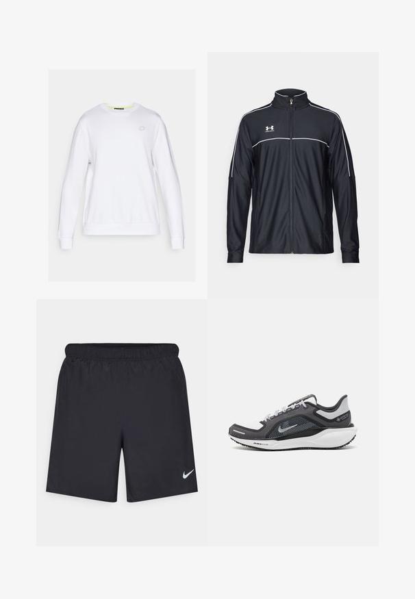 Čierna športová bunda vyrobená z hladkej látky, s vysokým golierom, plným zipsom a bielymi pásikmi pozdĺž ramien a hrudníka.; Biely sveter s dlhými rukávmi, okrúhlym výstrihom a rebrovanými manžetami. Obsahuje jemné geometrické logo na hrudi. Hladká textúra.; Čierne atletické šortky z ľahkého materiálu s elastickým pásom. Na dolnej ľavej strane majú malé biele logo Nike.; Čierna a sivá športová obuv s vrchnou časťou z priedušného materiálu, reflexné akcenty a biely medzipodrážka. Obsahuje štruktúrovanú gumovú podrážku a šnúrky.