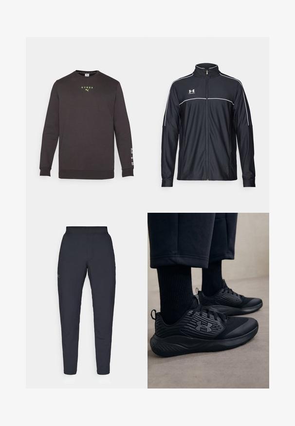 Fekete sportdzseki sima szövetből, magas nyakkal, teljes cipzárral és fehér díszítéssel a vállakon és a mellkason.; Fekete, hosszú ujjú pulóver, kerek nyakkivágással, fényvisszaverő sárga "HYROX" logóval a mellen, és fehér felirattal a bal ujján. Puha, bolyhos anyagból készült.; Fekete sportnadrág sima textúrával, karcsú szabással, rugalmas derékrésszel és oldalzsebekkel. A bal combján egy kis logó található.; Fekete sportcipőt viselő személy, textúrált oldalakkal és logóval, fekete zoknikkal és térdig érő nadrággal egy világos padlón.