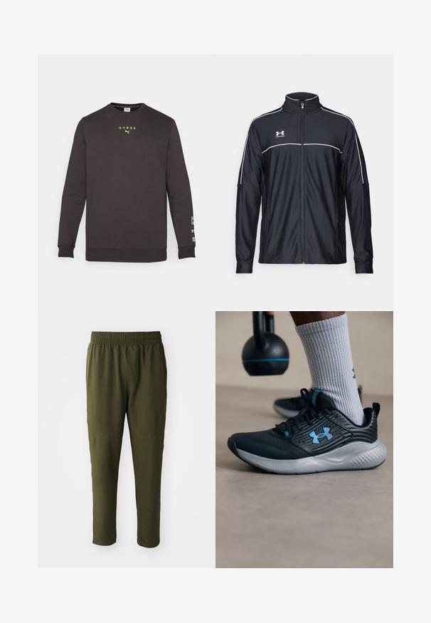 Chaqueta deportiva negra de tejido suave, con un alto cuello, cremallera completa y ribetes blancos en los hombros y el pecho.; Sudadera negra de manga larga, cuello redondo, con logo reflectante amarillo "HYROX" en el pecho y texto blanco en la manga izquierda. Material suave de forro polar.; Pantalones verde oliva fabricados con un material suave y ligero. Cuentan con una cinturilla elástica y piernas ajustadas con detalles de costura.; Zapatilla deportiva negra con acentos azules, parte superior texturizada y suela gris. Llevada con calcetines grises de canalé, al lado de una kettlebell negra.