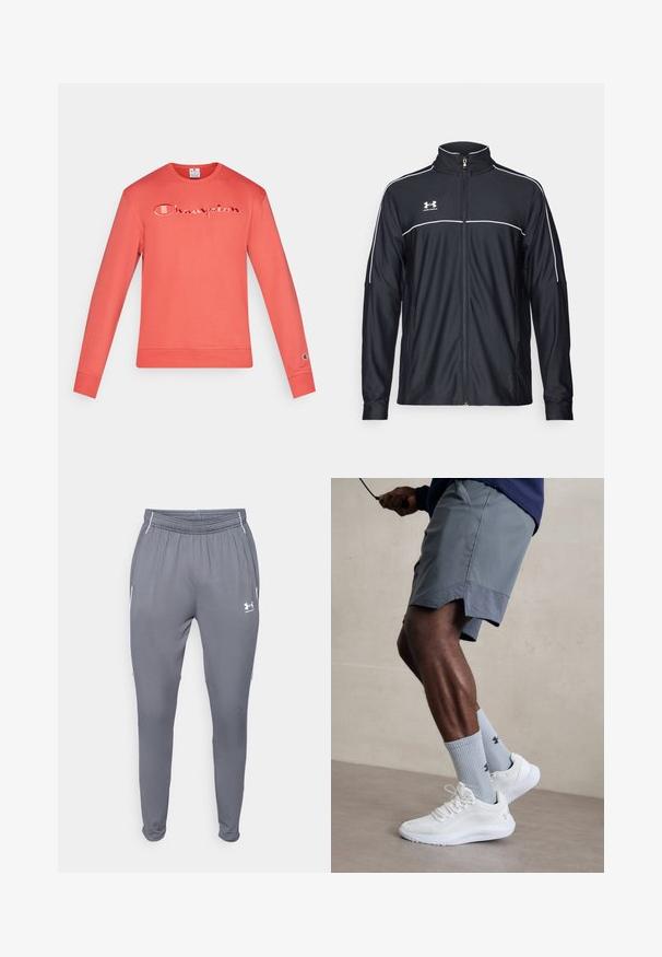 Zwarte sportjack van soepel materiaal, met een hoge kraag, volledige ritssluiting en witte piping langs de schouders en borst.; Koraalrode sweatshirt met lange mouwen, geborduurd "Champion" logo, geribde manchetten en tailleband. Zachte katoenen stof, klassiek ontwerp met ronde hals.; Grijze sportbroek met elastische tailleband, zijzakken en witte accenten. Gemaakt van een glad, lichtgewicht materiaal.; Witte sportschoenen met een textuur van gaas aan de bovenkant, gecombineerd met lichtblauwe geribde sokken met een logo. Grijze sportshorts met geperforeerde accent.