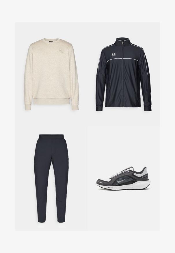 Melnā sporta jaka, izgatavota no gludas auduma, ar augstu apkakli, pilnu rāvējslēdzēju un baltu apdari gar pleciem un krūtīm.; Bežs džemperis mīkstā, tekstūrainā audumā ar apaļu kaklu, ribinātām piedurknēm un apakšmalu. Priekšējā kreisajā krūšu pusē atrodas neliels logo.; Melnas sporta bikses ar gludu tekstūru, šauru piegriezumu, elastīgu jostu un sānu kabatām. Uz kreisā augšstilba ir mazs logs.; Melnas un pelēkas sporta kurpes ar tīklu augšdaļu, atstarojošiem akcentiem un baltu starpzoli. Aprīkotas ar teksturētu gumijas zoli un šņorēm.