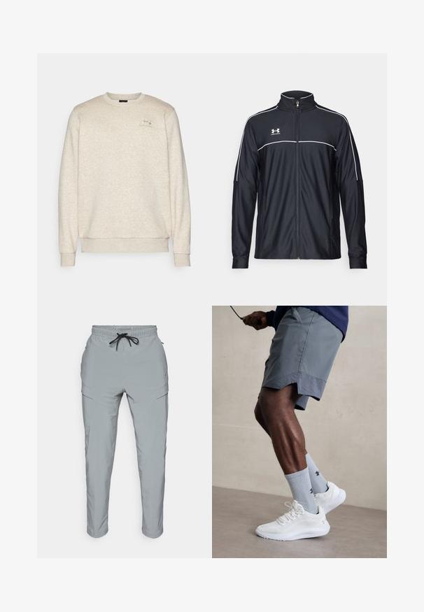 Zwarte sportjack van soepel materiaal, met een hoge kraag, volledige ritssluiting en witte piping langs de schouders en borst.; Beige sweatshirt van zacht, textuurstof met een ronde hals, ribgebreide boorden en zoom. Bevat een klein logo op de linkerborst.; Lichtgrijze broek van gladde stof, met een elastische tailleband met trekkoord, zijzakken en taps toelopende benen.; Witte sportschoenen met een textuur van gaas aan de bovenkant, gecombineerd met lichtblauwe geribde sokken met een logo. Grijze sportshorts met geperforeerde accent.