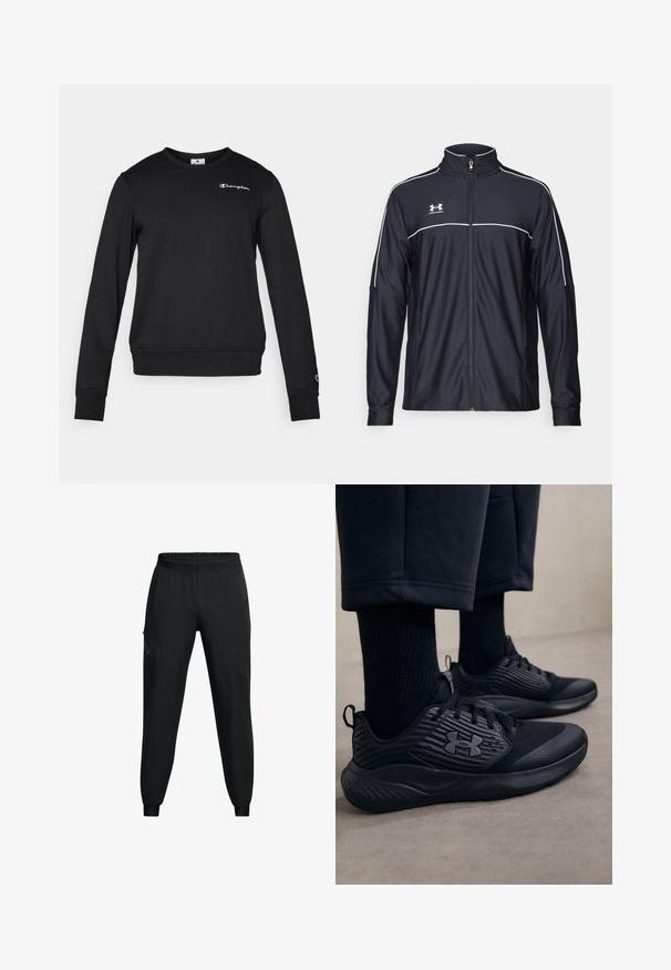 Mustmust rõivakate, mis on valmistatud siledast kangast, kõrge kraega, täispika tõmblukuga ja valgete ääristega õlgadel ja rinnaosas.; Mustrisin musta puuvillasegu, millel on pikad varrukad, ümar kaelus ja väike valge Champion'i logo rinnal.; Musthave mustamaadid sportlikud püksid elastse vöökohaga, kitseneva jala disainiga, küljetaskudega ja kontrastsete paneelide detailidega. Kerge, sileda kangaga.; Isik, kes kannab musti spordijalatsid, millel on tekstuurilised küljed ja logo, koos mustade sokkide ja lühikeste pükstega heledal põrandal.