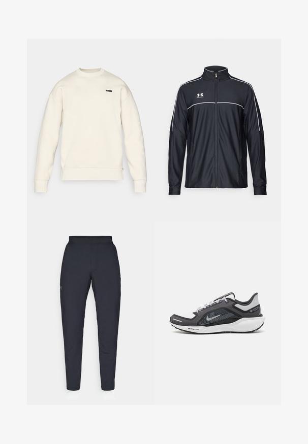 Jachetă sport neagră dintr-un material neted, cu guler înalt, fermoar complet și dungi albe pe umeri și piept.; Sweatshirt de culoare bej deschis, cu guler rotund, manșete și talie ribbate și un mic logo negru pe piept. Textură moale și croială lejeră.; Pantaloni sportivi negri cu o textură fină, croială slim, talie elastică și buzunare laterale. Prezentă un mic logo pe coapsa stângă.; Încălțăminte sport neagră și gri, cu partea superioară din plasă, accente reflectorizante și o talpă intermediară albă. Dispune de o talpă din cauciuc texturat și șireturi.