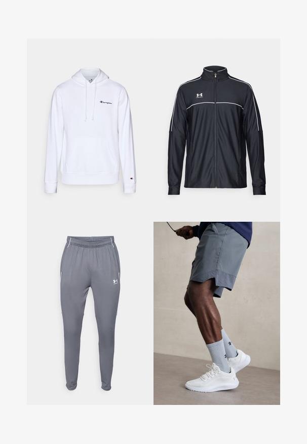 Čierna športová bunda vyrobená z hladkej látky, s vysokým golierom, plným zipsom a bielymi pásikmi pozdĺž ramien a hrudníka.; Biela mikina s kapucňou vyrobená z jemnej bavlny, s prednou kapsou, sťahovacou kapucňou a čiernym vyšitým logom na hrudi.; Šedé športové nohavice s elastickým pásom, bočnými vreckami a bielymi akcentmi. Vyrobené z hladkého, ľahkého materiálu.; Biele atletické topánky s textúrovaným sieťovinovým zvrškom, v kombinácii so svetlomodrými rebrovanými ponožkami s logom. Šedé atletické šortky s perforovaným lemem.