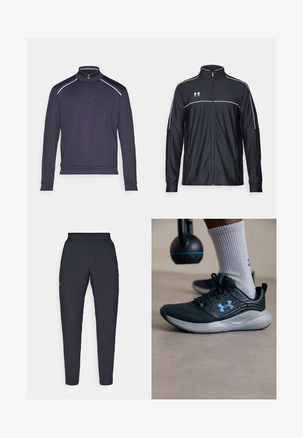 Jaqueta atlética preta feita de tecido liso, com gola alta, fecho éclair completo e detalhes em branco ao longo dos ombros e do peito.; Pullover azul-marinho com gola com zíper, mangas longas e realces contrastantes nos ombros. Textura suave e design ajustado para conforto e liberdade de movimento.; Calças de desporto negras com uma textura suave, corte justo, cintura elástica e bolsos laterais. Apresenta um pequeno logótipo na coxa esquerda.; Sapatilha atlética preta com detalhes em azul, parte superior texturizada e sola cinza. Usada com meias caneladas cinza, ao lado de um kettlebell preto.