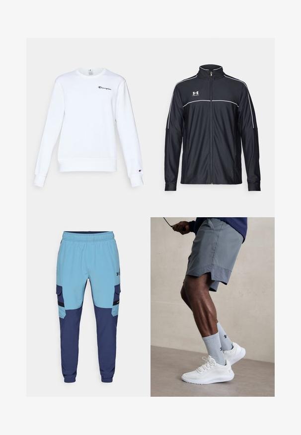 Črna športna jakna iz gladkega blaga, z visokim ovratnikom, polnim zadrgo in belim obrobljanjem ob ramenih in prsih.; Bela bomba iz bombaža z dolgimi rokavi, okroglo ovratnico, rebrastimi manšetami in robom, na katerem je majhna črna "Champion" oznaka na prsih.; Modre in mornarske trenirke z elastičnim pasom, stranskimi žepi in detajli v cargo slogu. Narejene so iz mehkega, zračnega materiala.; Bela športna obutev z zgornjim delom iz teksturirane mreže, kombinirana z svetlo modrimi rebrastimi nogavicami z logotipom. Sivi športni šortsi s perforiranim robom.