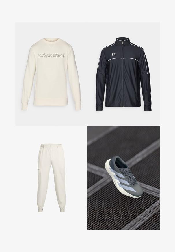 Melnā sporta jaka, izgatavota no gludas auduma, ar augstu apkakli, pilnu rāvējslēdzēju un baltu apdari gar pleciem un krūtīm.; Kremkrāsas džemperis ar elpojošu audumu, ar apaļu kakla izgriezumu un izteiktu "BJÖRN BORG" logo uz krūtīm melnā krāsā.; Gaiši bežīgas sporta bikses ar elastīgu jostu, sānu kabatām un ribotām bikšu malām; kreisajā gurnā ir melns logo akcenti.; Sporta apavi pelēkā un baltā krāsā, izgatavoti no sintētiska materiāla, ar plūstošu dizainu, teksturētu virsmu un izteiktu auklu sistēmu.