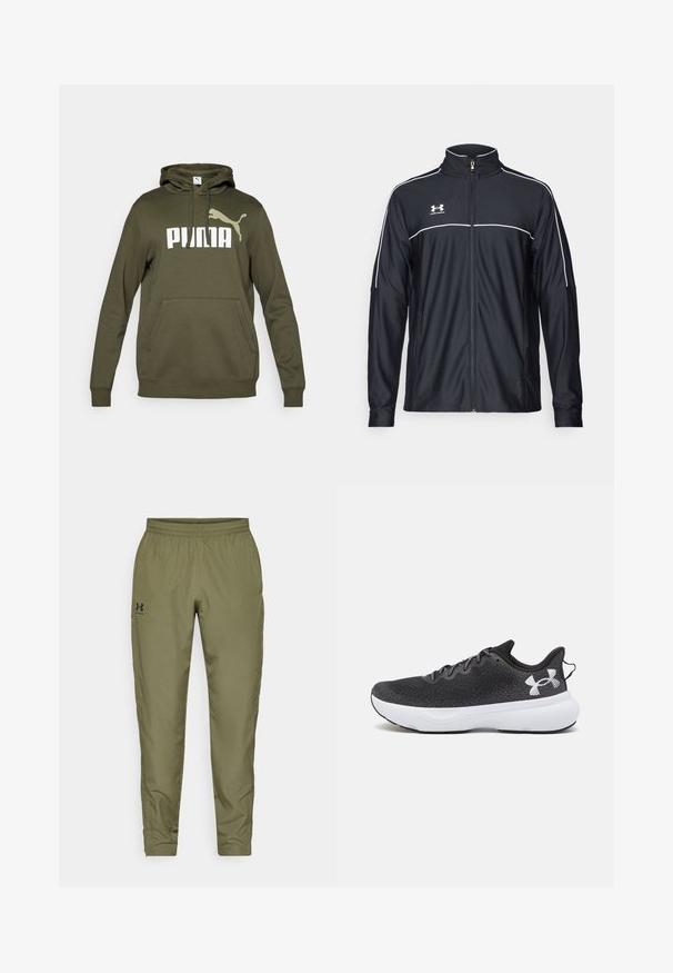 Zwarte sportjack van soepel materiaal, met een hoge kraag, volledige ritssluiting en witte piping langs de schouders en borst.; Olijfgroene hoodie met een voorzijde kangoeroezak, capuchon met trekkoord en een groot wit "PUMA"-logo met een accentlogo. Katoenmengsel.; Olijfgroene sportbroek met een elastische tailleband, taps toelopende pijpen, een gladde textuur en een klein zwart logo aan de linkerzijde.; Zwarte sportieve schoenen met een gestructureerde mesh bovenkant, een witte dempingzool en zwarte veters, met een prominente witte logo op de hiel.