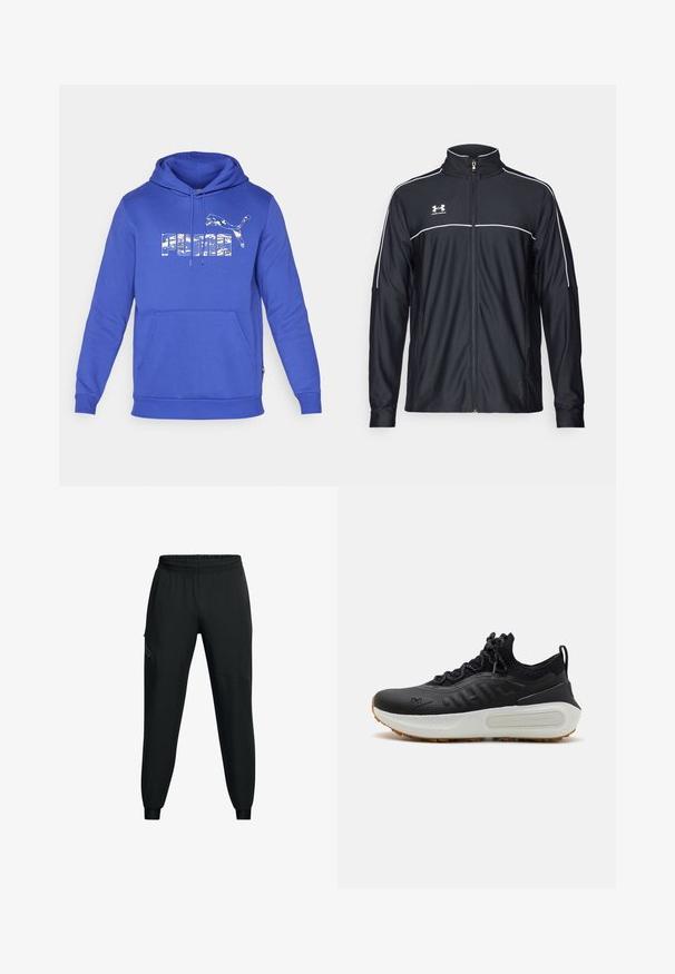 Giacca sportiva nera realizzata in tessuto liscio, con colletto alto, zip completa e piping bianco lungo le spalle e il petto.; Puma HOODIE - Felpa - lapis lazuli; Pantaloni sportivi neri con fascia elastica in vita, design con gamba affusolata, tasche laterali e dettagli a pannello a contrasto. Tessuto leggero e morbido.; Scarpa sportiva nera con tomaia texturizzata, colletto simile a un calzino, lacci grigi e una suola intermedia bianca con design a motivi e suola in gomma.