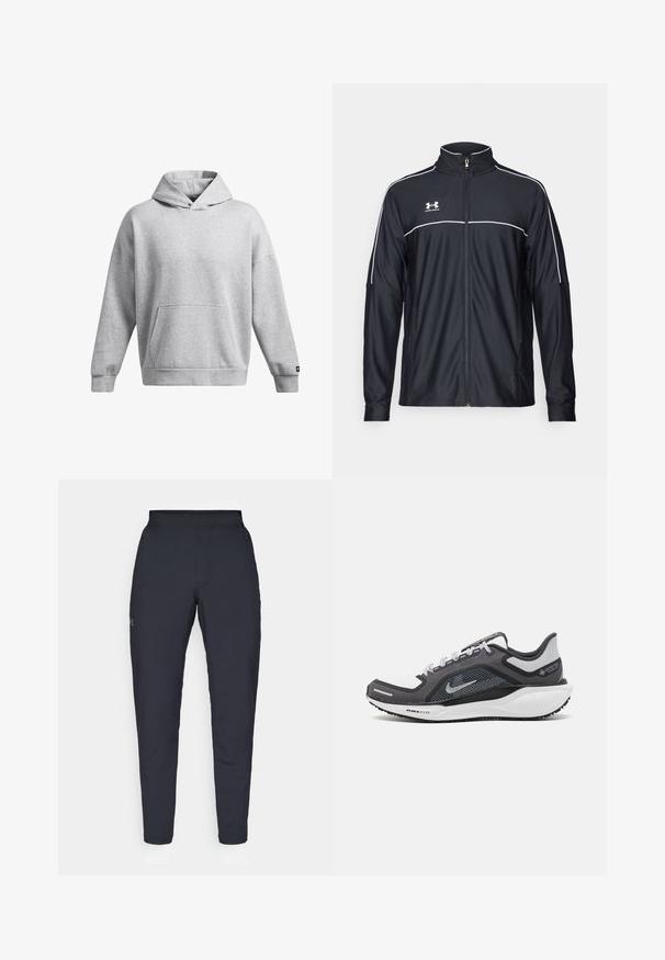 Black athletic jacket made of smooth fabric, featuring a high collar, full zipper, and white piping along the shoulders and chest.; Grey hooded sweatshirt made of soft fabric, featuring a front kangaroo pocket and ribbed cuffs. Relaxed fit with a simple design.; Black athletic pants with a smooth texture, slim fit, elastic waistband, and side pockets. Features a small logo on the left thigh.; Black and gray athletic shoe with a mesh upper, reflective accents, and a white midsole. Features textured rubber outsole and laces.