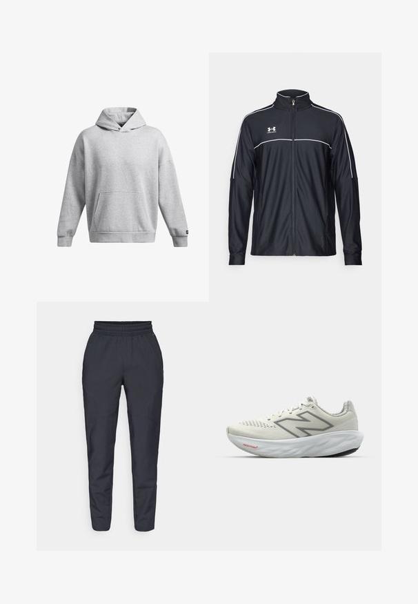 Črna športna jakna iz gladkega blaga, z visokim ovratnikom, polnim zadrgo in belim obrobljanjem ob ramenih in prsih.; Sivi kapučen pulover iz mehkega blaga, z sprednjim kengurujem žepom in rebrastimi manšetami. Ohlapen kroj s preprostim dizajnom.; Morske tapered hlače iz mehkega blaga, z elastičnim pasom, stranskimi žepi in gladko teksturo ter subtilnimi šivi.; Tek kakšno obuvalo v belem z sivo podrobnostjo. Mrežna zgornji del, teksturiran podplat in izrazit logotip "N". Ima podloženo ovratnik in oznako "Fresh Foam".