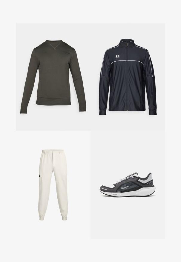 Zwarte sportjack van soepel materiaal, met een hoge kraag, volledige ritssluiting en witte piping langs de schouders en borst.; Donkergroene sweatshirt met lange mouwen, ribbelboorden en -zoom. Heeft een ronde halslijn en een subtiele logo-detail bij de schouder.; Lichtbeige joggerbroeken met een elastische tailleband, zijzakken en geribde manchetten; voorzien van een zwart logo accent op de linkse heup.; Zwarte en grijze sportschoen met een bovenwerk van mesh, reflecterende accenten en een witte tussenzool. Beschikt over een gestructureerde rubberen zool en veters.