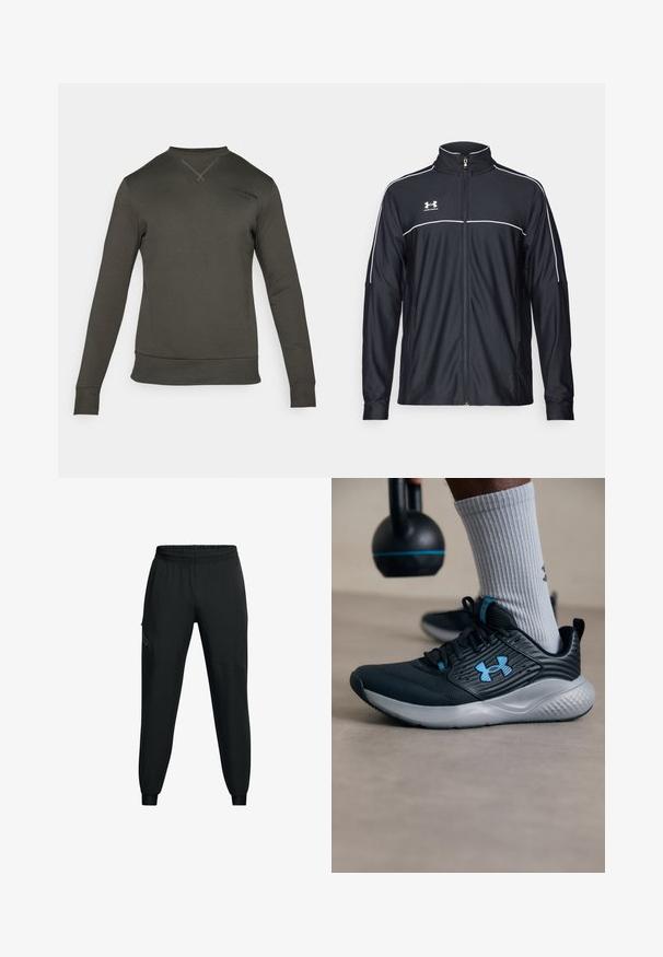 Chaqueta deportiva negra de tejido suave, con un alto cuello, cremallera completa y ribetes blancos en los hombros y el pecho.; Sudadera verde oscuro de manga larga, con puños y dobladillo acanalados. Presenta un escote redondo y un sutil detalle de logo cerca del hombro.; Pantalones deportivos negros con cinturilla elástica, diseño de pierna ajustada, bolsillos laterales y detalles de paneles en contraste. Tejido ligero y suave.; Zapatilla deportiva negra con acentos azules, parte superior texturizada y suela gris. Llevada con calcetines grises de canalé, al lado de una kettlebell negra.