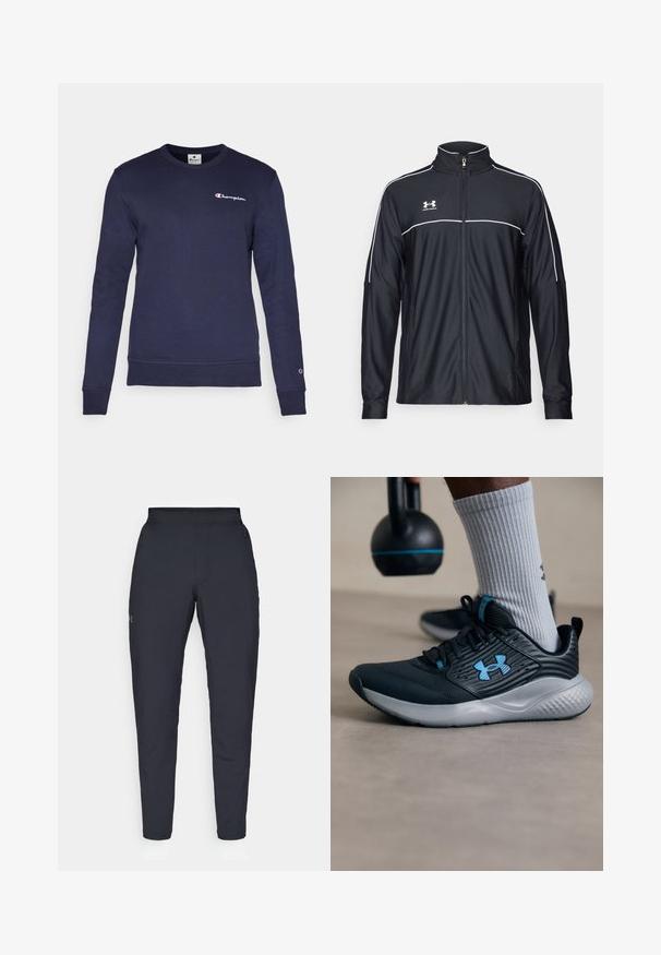 Černá sportovní bunda vyrobena z hladké látky, s vysokým límcem, plným zipem a bílým prošíváním podél ramen a hrudi.; Námořnická modrá mikina vyrobená z bavlněné směsi, s dlouhými rukávy, kulatým výstřihem, žebrovaným lemem a vyšitým logem Champion na hrudi.; Černé sportovní kalhoty s hladkou texturou, slim fit, elastickým pasem a bočními kapsami. Na levém stehně je umístěno malé logo.; Černá sportovní obuv s modrými akcenty, texturovaným svrškem a šedou podrážkou. Nosená se šedými žebrovanými ponožkami, vedle černého kettlebellu.