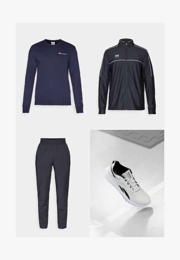 Giacca sportiva nera realizzata in tessuto liscio, con colletto alto, zip completa e piping bianco lungo le spalle e il petto.; Felpa blu navy in misto cotone, con maniche lunghe, collo a giro, orlo a costine e logo Champion ricamato sul petto.; Pantaloni tapered blu realizzati in tessuto morbido, con elastico in vita, tasche laterali e una texture liscia con dettagli di cucitura discreti.; Scarpa sportiva grigia chiara con dettagli neri, tomaia in rete testurizzata, suola imbottita e chiusura con lacci. Presenta un linguetta sul tallone.