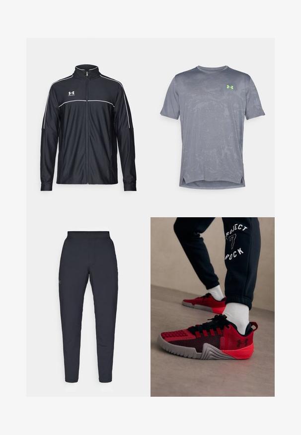 Fekete sportdzseki sima szövetből, magas nyakkal, teljes cipzárral és fehér díszítéssel a vállakon és a mellkason.; Under Armour VENT - Sportfelső - castlerock/hyper green; Fekete sportnadrág sima textúrával, karcsú szabással, rugalmas derékrésszel és oldalzsebekkel. A bal combján egy kis logó található.; Fekete melegítőt viselő személy, amelyen a "Project 7 Rock" felirat található, piros és fekete Under Armour sportcipővel és fehér zoknival, egy bézs padlón.