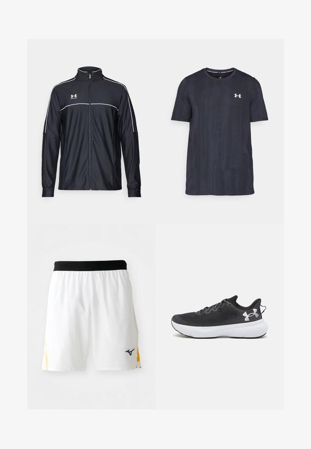 Schwarze Sportjacke aus glattem Material, mit hohem Kragen, durchgehendem Reißverschluss und weißen Paspeln entlang der Schultern und der Brust.; Dunkelblaues Kurzarm-T-Shirt aus atmungsaktivem Stoff, mit einem strukturierten Muster und einem weißen Under Armour-Logo auf der Brust.; Weiße Sportshorts mit schwarzem elastischem Bund und gelben seitlichen Akzenten, mit einem kleinen schwarzen Sportmarkenlogo am rechten Bein.; Schwarze Sportschuhe mit einem strukturierten Mesh-Obermaterial, weißer Dämpfsohle und schwarzen Schnürsenkeln, mit einem auffälligen weißen Logo an der Ferse.
